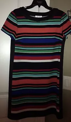 MAGGY LONDON Designer Dress Size 14 Large XL Shift Short Sleeve Multi Striped • $21.99