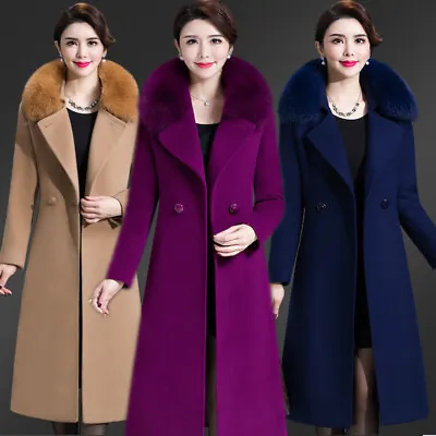 Womens Warm Wool Trench Long Coat Parka Faux Fur Collar Winter Jacket Overcoat • £43.19