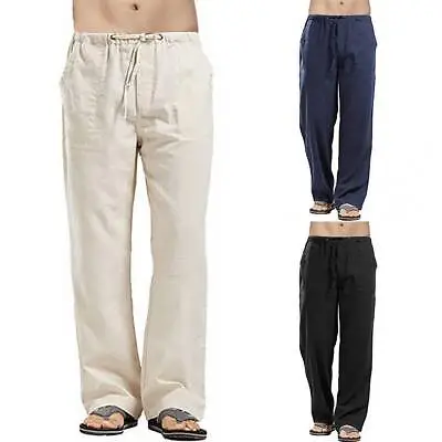 Mens Summer Beach Loose Cotton Linen Pants Yoga Drawstring Elasticated Trousers • £12.39