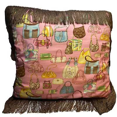 Vintage Throw Pillows W/Fringe Purse Designer 2 Pillows 16 X 16” Pink Brown • $35