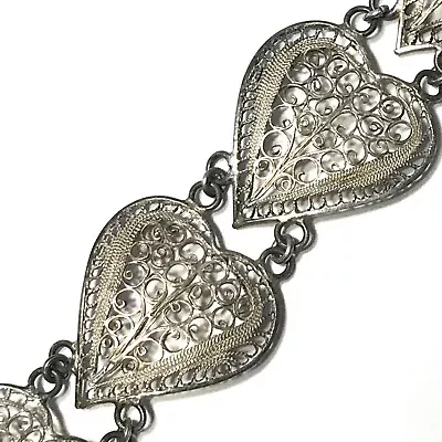 Vintage Sterling Silver Ornate Heart Panel Link Bracelet Love Filigree Stunning • $29.99