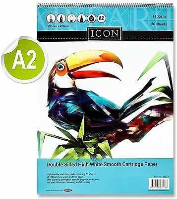 A2 Sketch Pad 30 Sheets Spiral Bound Sketching Drawing Cartridge Paper 110 GSM • £11.69