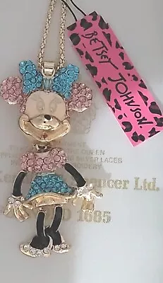 Betsey Johnson Minnie Mouse Gold Pink Blue Crystals 3D JOINTED Necklace Pendant • $21.99