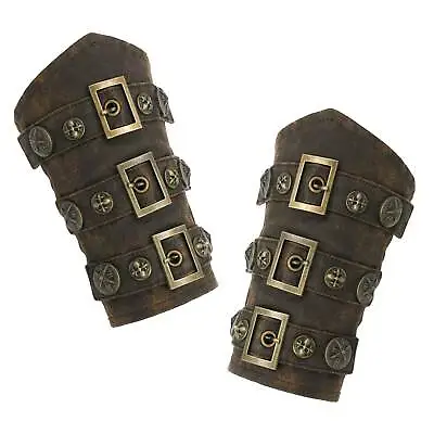 Steampunk Brown Faux Leather Wristband Gauntlet Armor Cuff Set Costume Accessory • $9.95