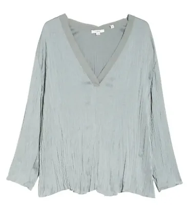 Vince Womens Blouse L Light Slate Crushed Satin V Neck Long Sleeve Tunic $325 • $62.99