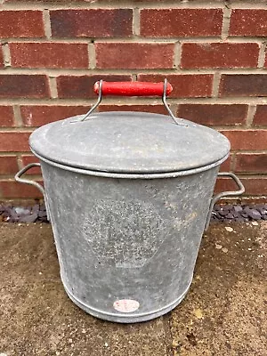 Vintage French Galvanised Tub And Lid With Red Wooden Handle • £52