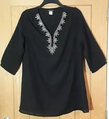 LAURA CLEMENT @ La Redoute Black Chiffon Kaftan Party Top Beaded Front Size 16 • £8.99