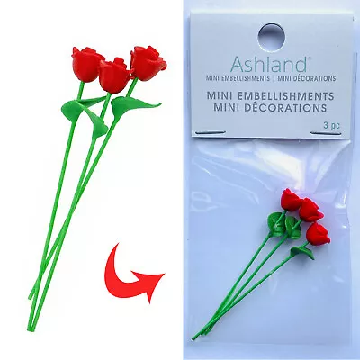 1 Miniature 3pc Loose Red Long Stem Roses Mini Flowers Fairy Garden Dollhouse • $10.99