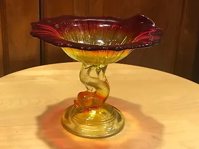 L G Wright Glass Amberina Glass Dolphin Pedestal Compote Shell Candy Dish 7  • $65