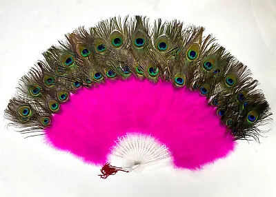 HOT PINK Marabou Feather Fan Double Row Of PEACOCK 36  X 20  Halloween Wedding • $29.69