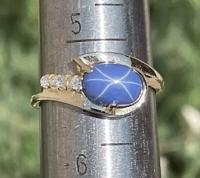 14K Yellow Gold Ring Lab Created Cornflower Blue Star Sapphire Cabochon 8x6mm • $245