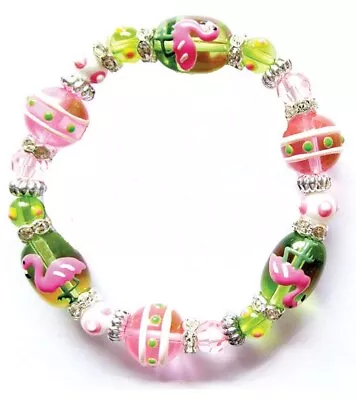 Flamingo Dahling Tropical Rhinestone Glass Beaded Kate And Macy Stretch Bracelet • $17.88