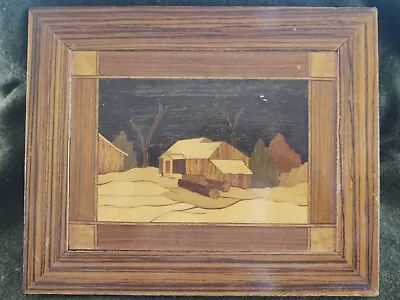 Vintage 1954 Wood Marquetry Picture Wall Hanging Old Shack In Woods 13 X 11  • $29.99