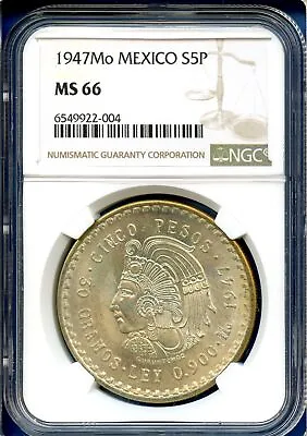 1947 Mo Mexico NGC MS66 Silver 5 Pesos S5P Cinco Pesos Cuauhtemoc MS-66 PQ ! • $304.95