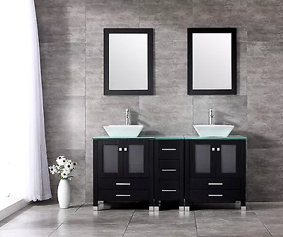 60'' Black Double Wood Vanity Cabinet Ceramic Sink Mirror Faucet Combo Bathroom • $1086.99