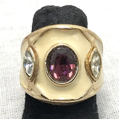 Vintage Signed 18K HGE Gold Cream Enamel & Pink - Clear  Rhinestone  Ring  Sz 5 • £48.21