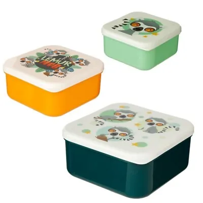 LEMUR MOB Children's Kids Characters School Nursery Lunch Snack Box 3Pc Set • £11.95