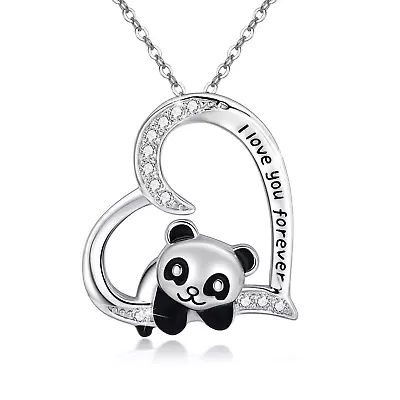 925 Sterling Silver Panda Cute Animal Heart I Love You Forever Pendant Necklace • $61.82