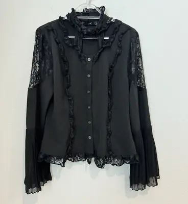 Spirit Halloween Black Victorian Blouse Button Down Choker Lace Ruffle Gothic • $17.97