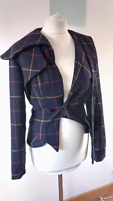 Tartan Check Wool Blazer Drunken Jacket 8 10 UK Blue Quirky Steampunk Romantic • £24.99