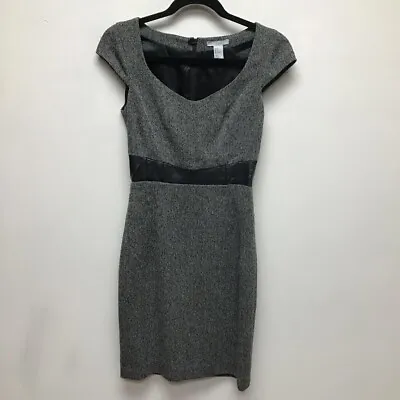 H&M Womens Sheath Dress Black Herringbone Stretch Faux Leather Trim Cap Sleeve 4 • $12.59