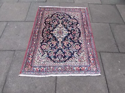 Vintage Hand Made Traditional Oriental Wool Blue Red Small Rug 134x100cm • £165