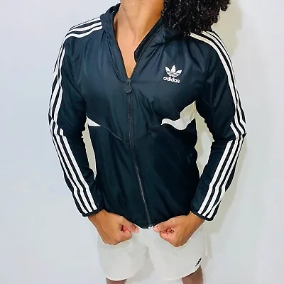 Super Rare Vintage Adidas Originals Jacket Windbreaker Black Shell Cal Surf YL S • £76.91