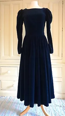 LAURA ASHLEY Vintage Dark Blue Velvet Medieval Style Full-Length Evening Dress • £197