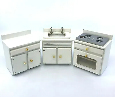 £39.29 • Buy Dollhouse Furniture Kitchen X 3 Sink Stove Cabinet White Wood 1960s Taiwan 3.5in