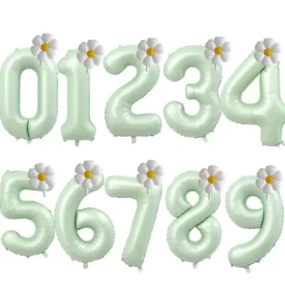 40  Sage Green Daisy Flower Giant Foil Number Self Inflating Balloons Birthday • £1.89