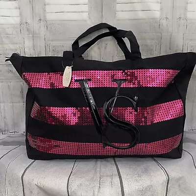 Victorias Secret Black Pink Sequined Striped Large Overnight Tote Bag NEW D17 • $49.95