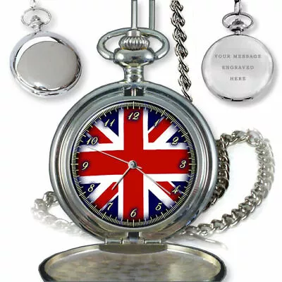 Union Jack Uk British Flag Pocket Watch Birthday Father's Day Gift Box Engraved • £34.99