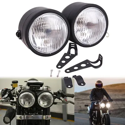 Black Twin Headlight Motorcycle Double Dual Lamp Street Fighter Universal • $34.73