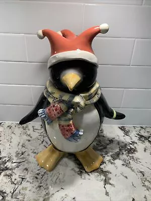 Penguin Cookie Jar Winter Joy With Scarf & Jester Hat Christmas Vintage Oneida  • $30