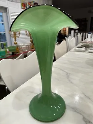 Vase Verre Opalin Vert Decor Filigrane Dlg Murano Venini Green Glass Vase 1950 • $280