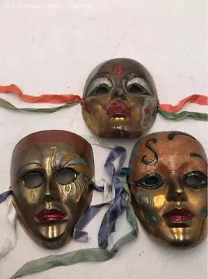 Vintage Hand Painted Brass Wall Decor Venetian Carnival Art Face Mask Lot Of 3 • $7.99