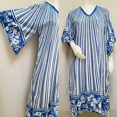 Vintage 70s KAISER Angel Wing Blue Block Print Cotton Indian Caftan Maxi Dress • $117