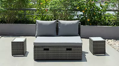 Daybed Lounge Set Grey Garden Furniture Patio Outdoor Sofa Glass Side Table • £199