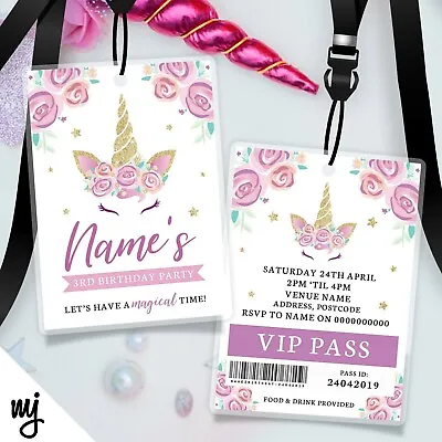 Personalised Unicorn Flowers Style Vip Passes Lanyards / Party Invitations • £61.99