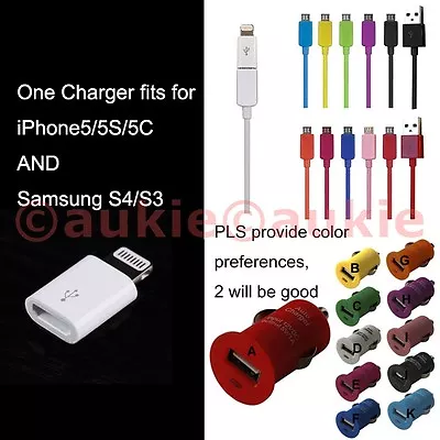Color Micro USB Car Charger + Plug For IPhone Xs/x/8/7/6S/6 & SamsungHTC • $13.93