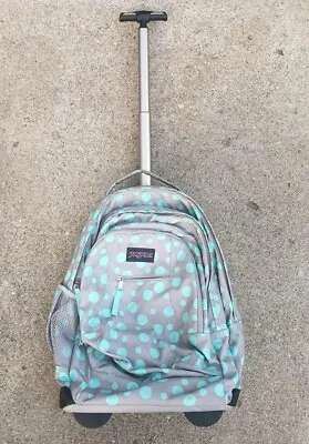 JanSport Girls Rolling Backpack School Wheels Gray Blue Polka Dot Travel • £54.04