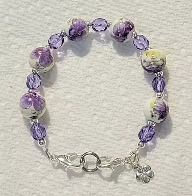 Lilac Purple Porcelain Painted  Beads Medical Alert ID Replacement Bracelet • $9.50