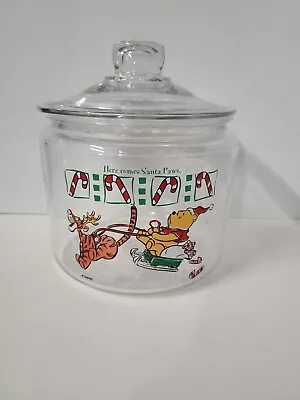 NEW Vintage Winnie The Pooh & Tigger  Here Comes Santa Paws  Glass Cookie  Jar  • $14.93