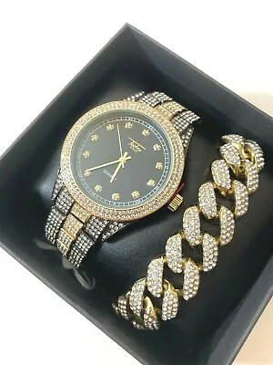 Techno Pave Men's Hip Hop Iced Bracelet And Watch Set 9120-122D • $36.95