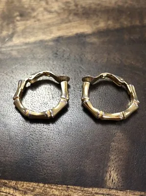 Vintage Signed Crown Trifari Gold Tone Bamboo Motif Clip On Hoop Earrings • $18