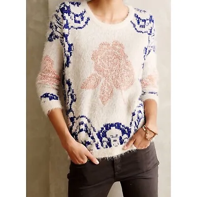 Anthropologie La Fee Verte Eyelash Scroll Rose Fuzzy Cream Sweater Cozy Sz Large • $25.60