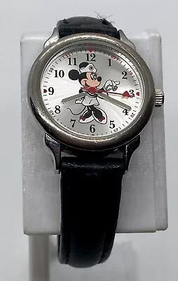 DISNEY Nurse Minnie Mouse Watch New Battery Black Leather Slim Strap Easy-Read • $9.90