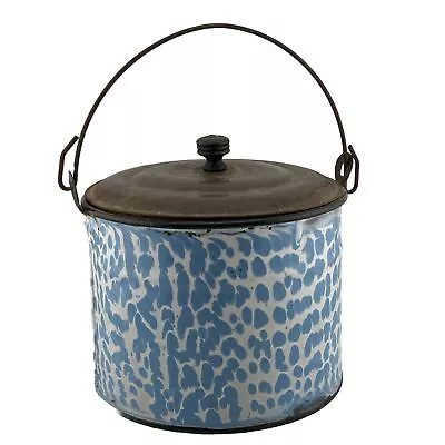 Antique Lidded Berry Bucket Graniteware Enamelware Blue White Dots Spots • $75