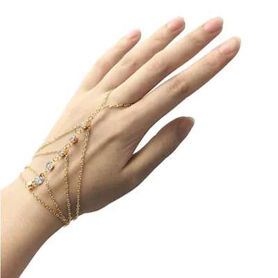 Wedding Crystal Link Finger Ring Slave Chain Hand Harness Bracelet Bangle SPM • £2.98