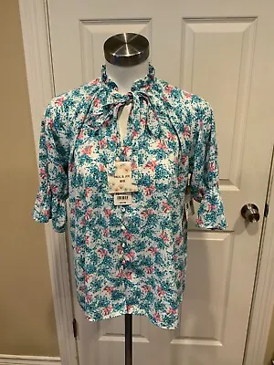 Paul & Joe UNIQLO Blue/Pink Floral Print Ruffle T-Neck Top Size XS NWT • $30.38